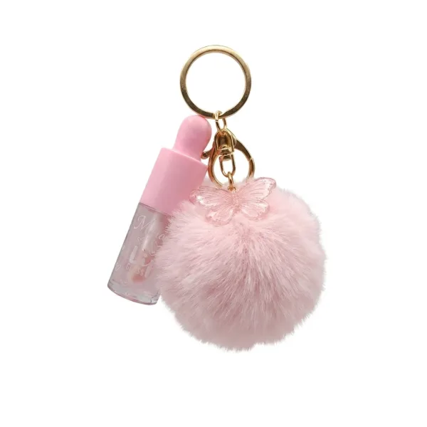 Llavero Pompón Rosado con Brillo Labial y Dije de Mariposa